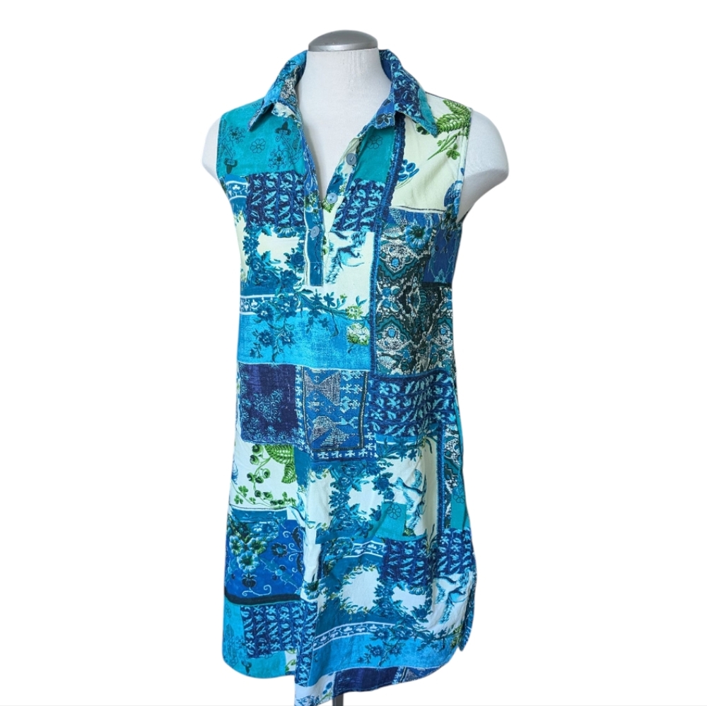 🇨🇦 Papa Vancouver Blue Patchwork  Printed Medium Sun Dress with POCKETS!